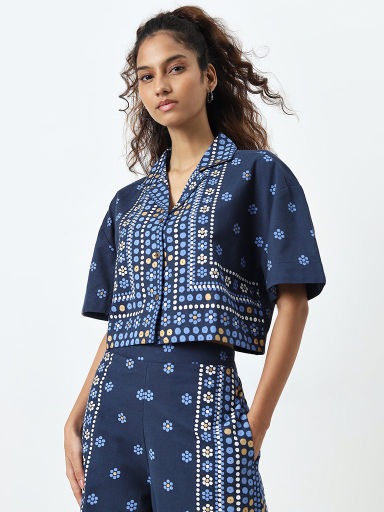 Bombay Paisley Blue Floral Printed Cotton Blend Shirt