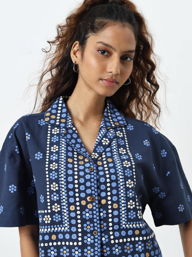 Bombay Paisley Blue Floral Printed Cotton Blend Shirt