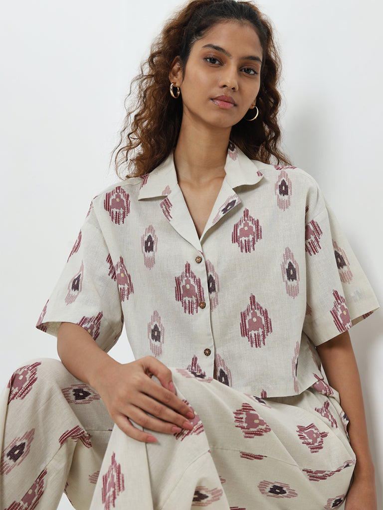 Bombay Paisley Ivory Ikat Printed Cotton Shirt