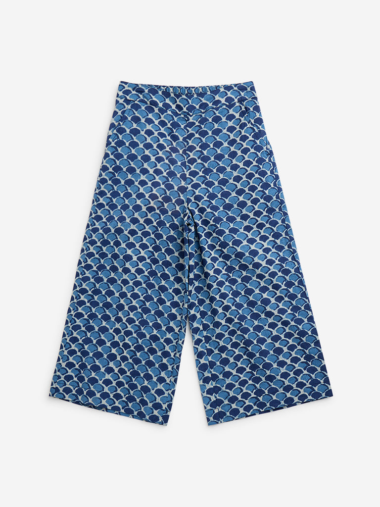 Utsa Kids Indigo Block Printed High-Rise Cotton Pants ( 8 to 14 years)