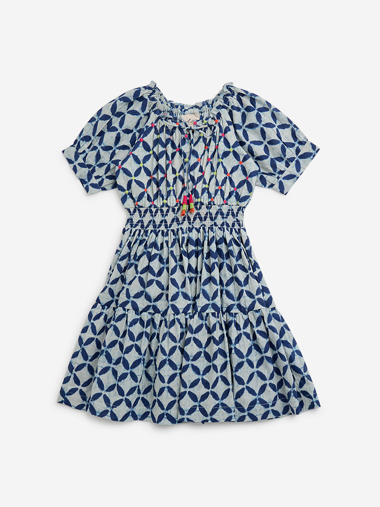 Utsa Kids Indigo Patterned Cotton A-Line Dress - (2 -8yrs)