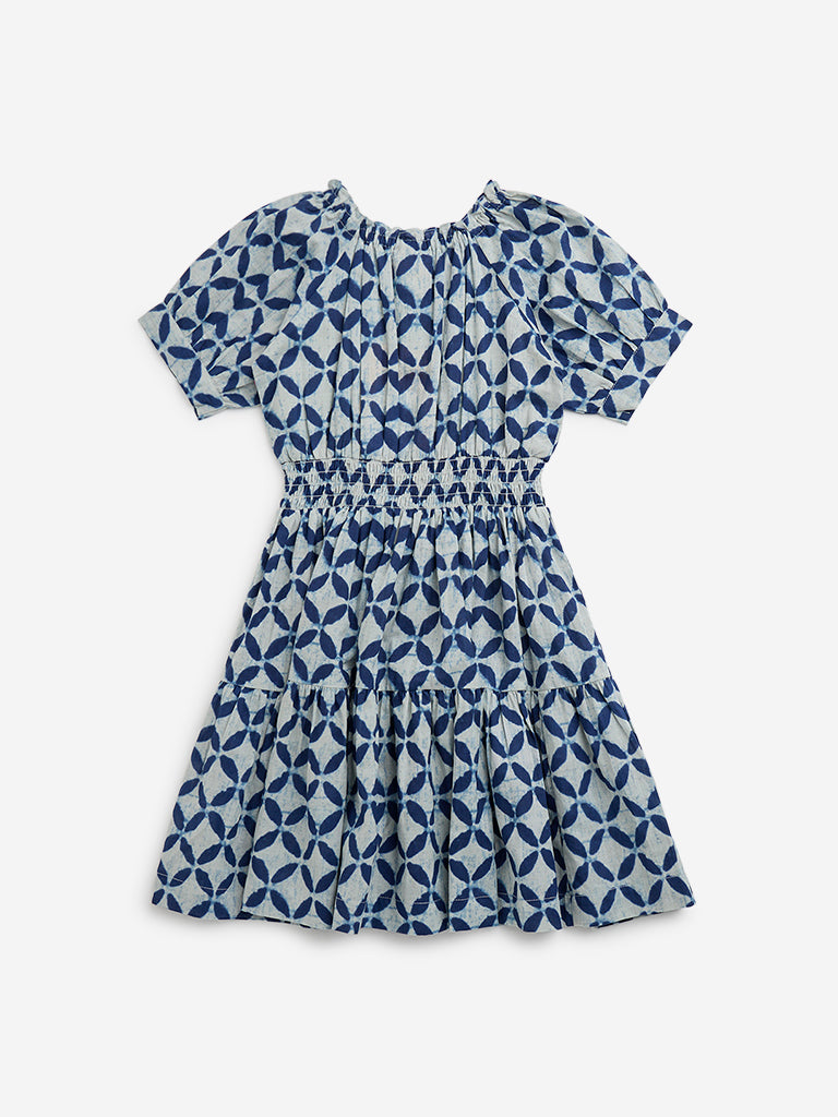 Utsa Kids Indigo Patterned Cotton A-Line Dress - (2 -8yrs)