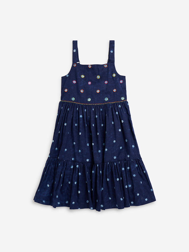 Utsa Kids Indigo Tie and Dye Cotton Tiered Dress (2 to 8 years)