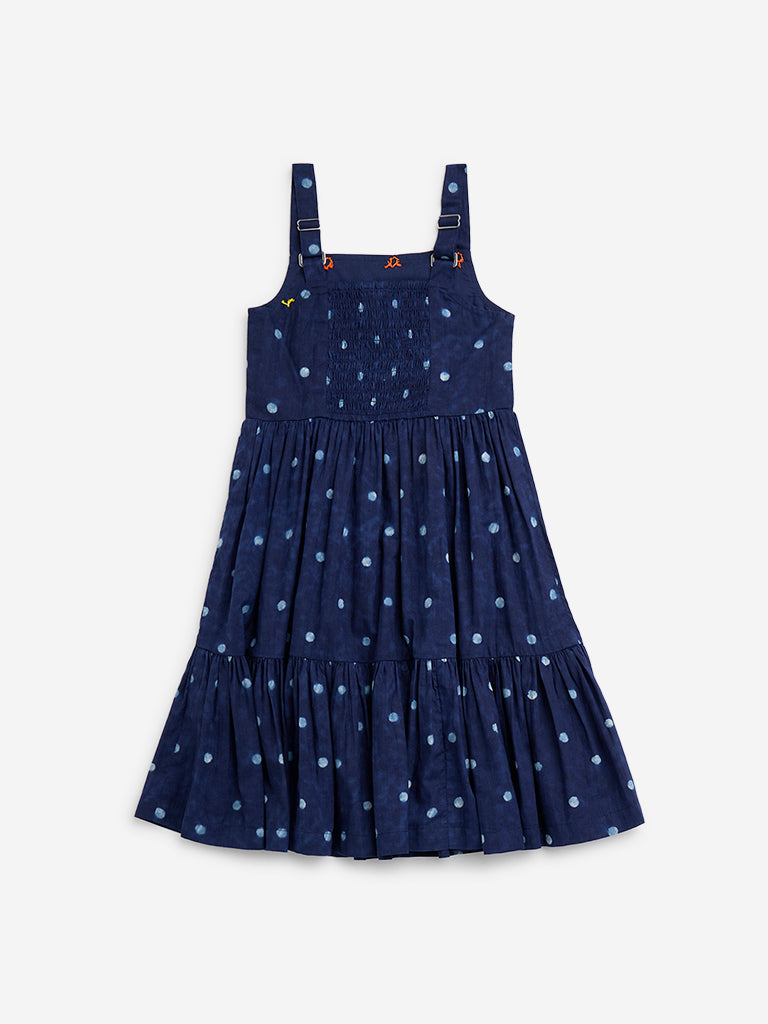 Utsa Kids Indigo Tie and Dye Cotton Tiered Dress (2 to 8 years)