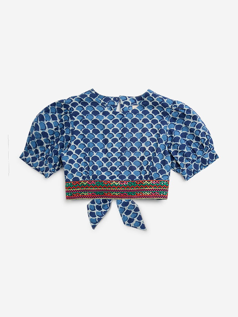 Utsa Kids Indigo Embellished and Knot-Detail Cotton Blouse - (2 -8yrs)