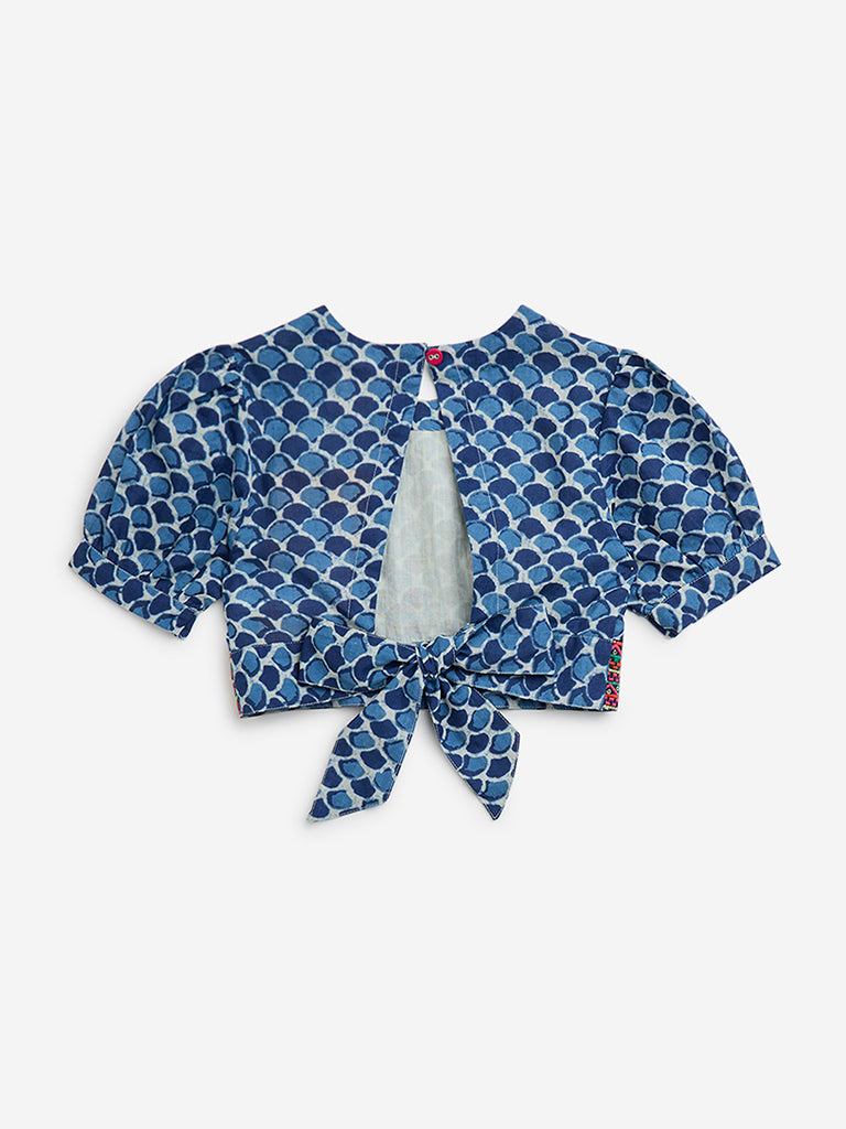 Utsa Kids Indigo Embellished and Knot-Detail Cotton Blouse - (2 -8yrs)