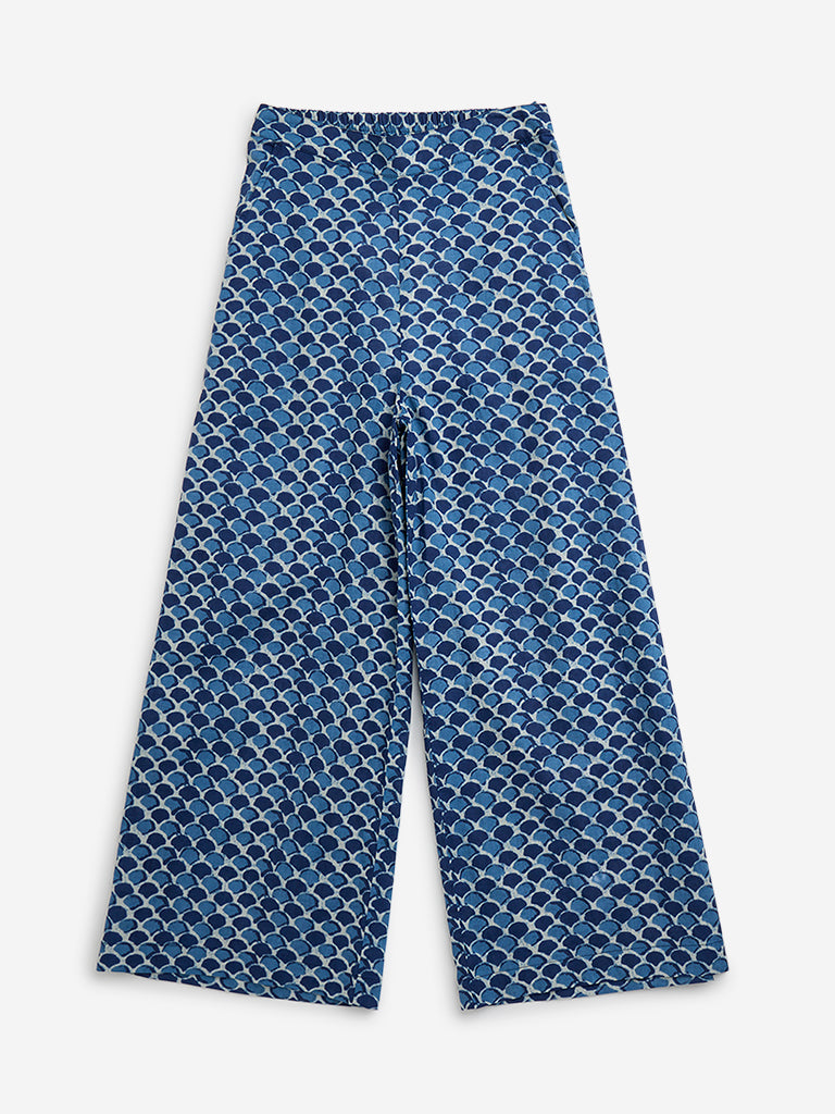 Utsa Kids Indigo Block Printed High-Rise Cotton Pants ( 8 to 14 years)