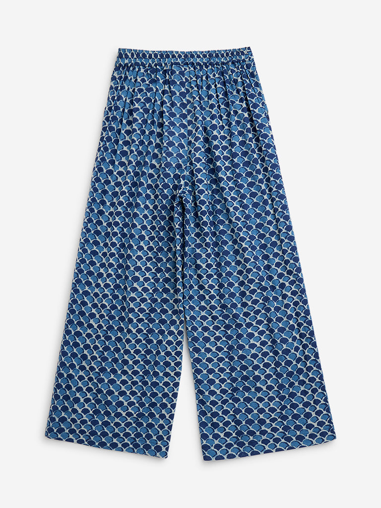 Utsa Kids Indigo Block Printed High-Rise Cotton Pants ( 8 to 14 years)