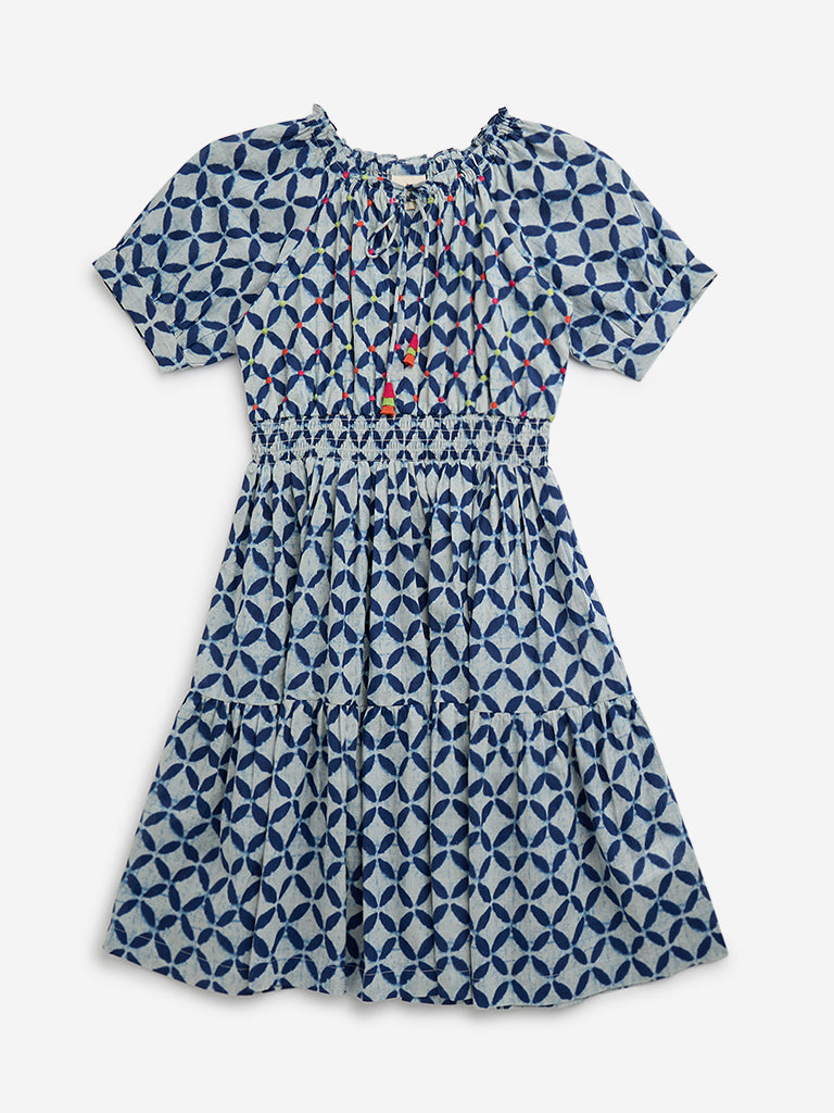 Utsa Kids Indigo Patterned Cotton A-Line Dress (8 to 14 years)