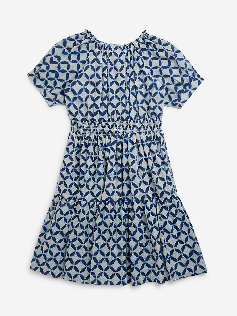 Utsa Kids Indigo Patterned Cotton A-Line Dress (8 to 14 years)