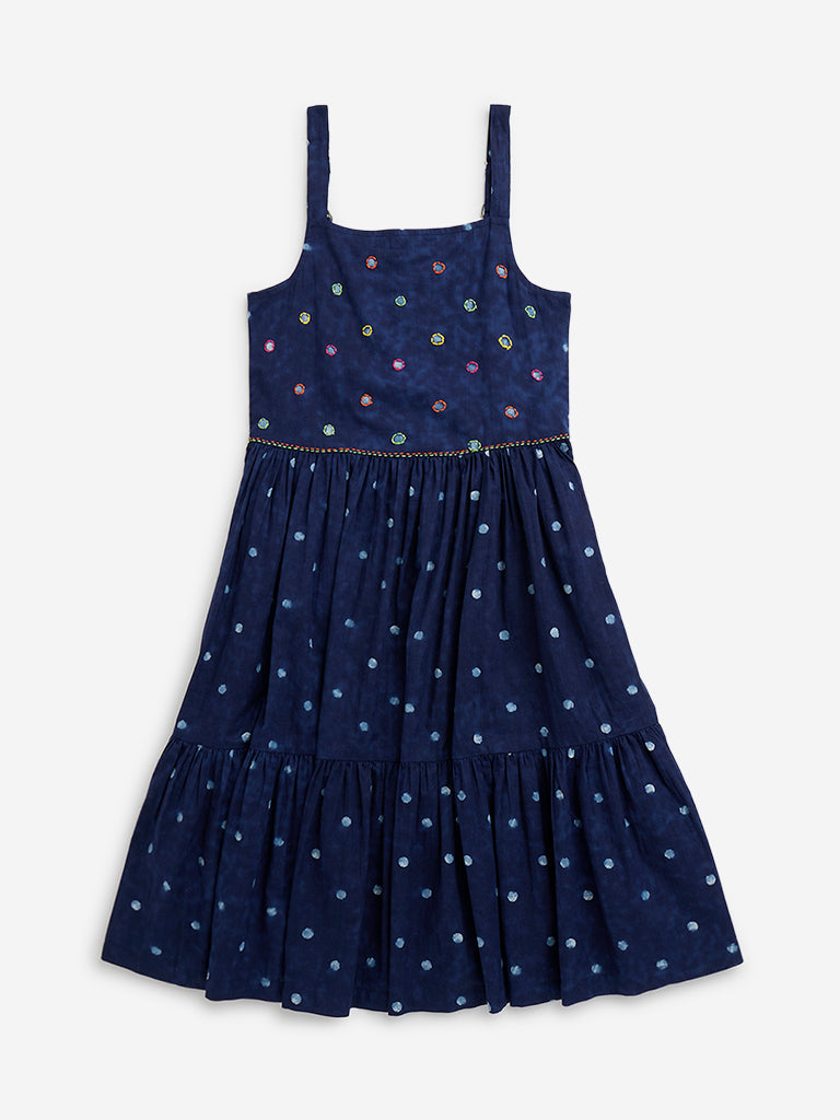 Utsa Kids Indigo Tie and Dye Cotton Tiered Dress (8 to 14 years)