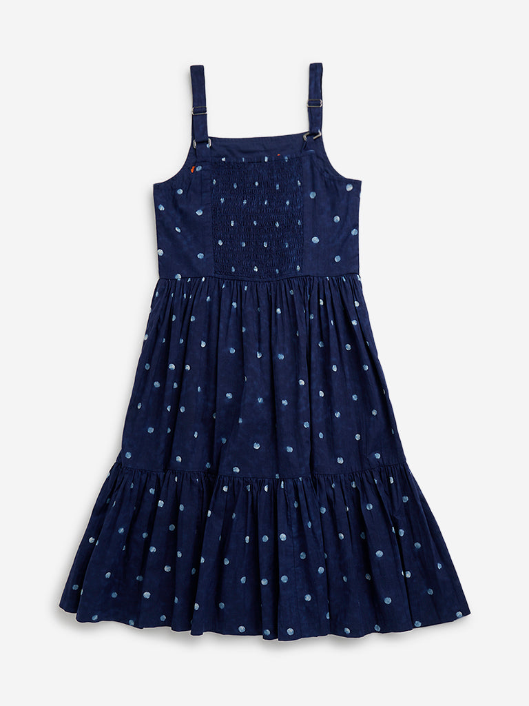 Utsa Kids Indigo Tie and Dye Cotton Tiered Dress (8 to 14 years)