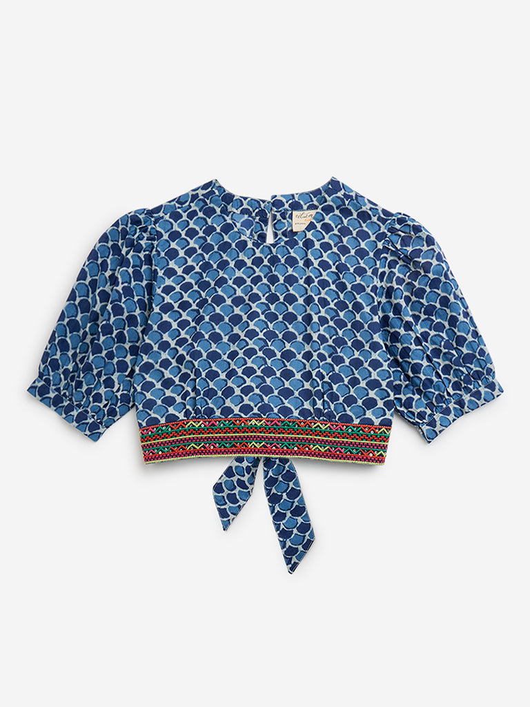 Utsa Kids Indigo Embellished and Knot-Detail Cotton Blouse (8 to 14 years)