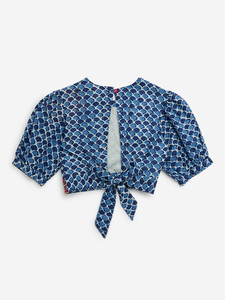 Utsa Kids Indigo Embellished and Knot-Detail Cotton Blouse (8 to 14 years)