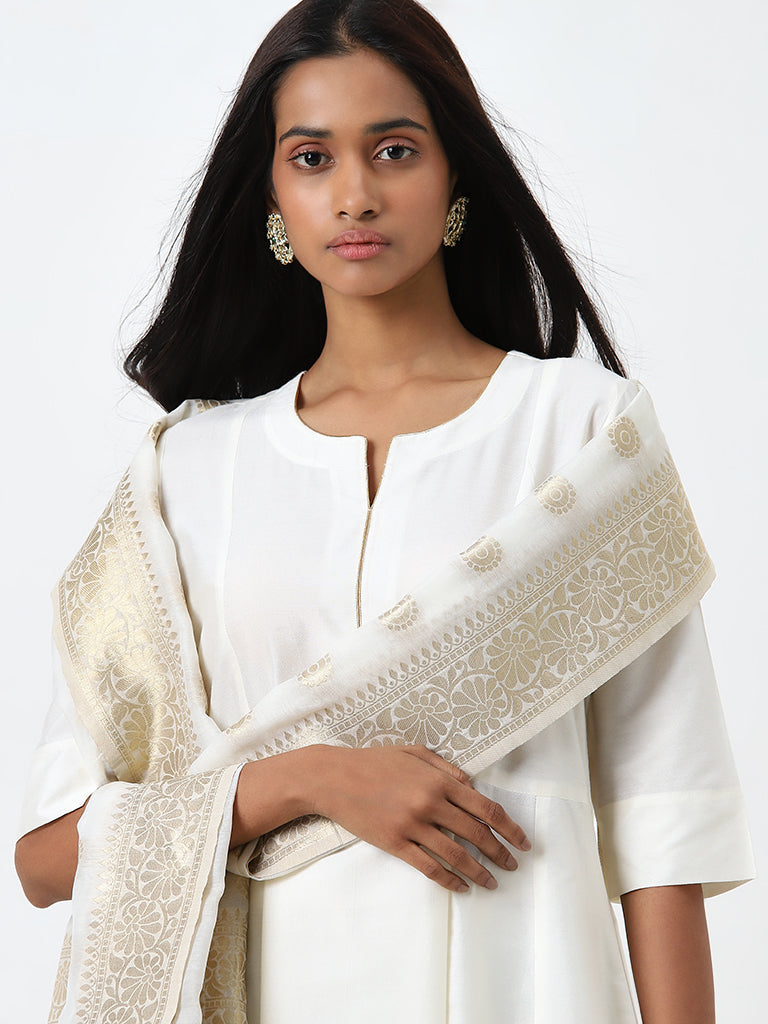 Vark Off-White A-Line Kurta, Ethnic Pants and Brocade Design Dupatta Set