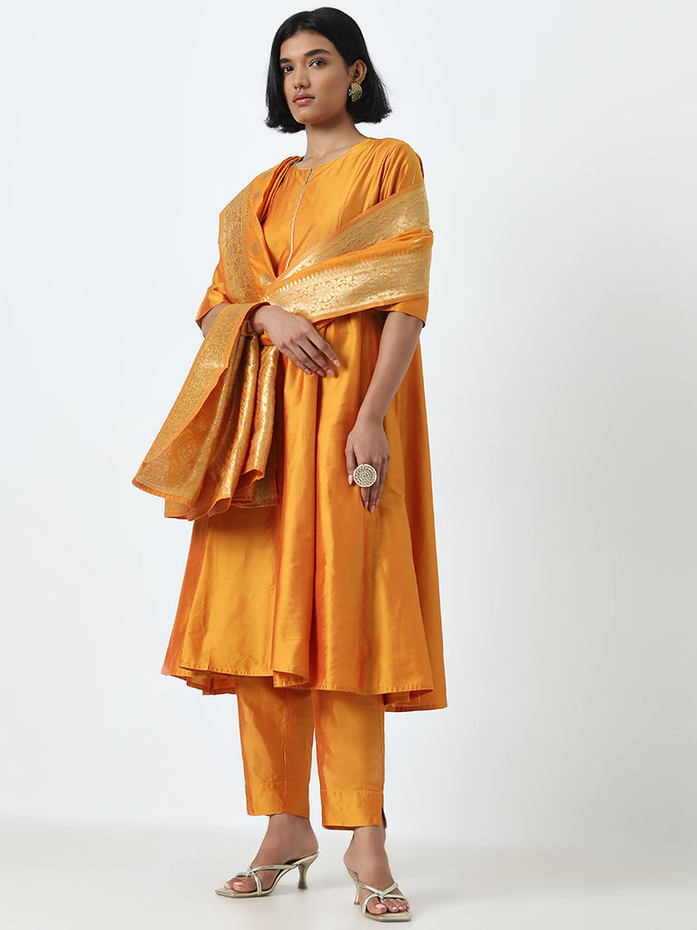 Vark Orange A-Line Kurta, Ethnic Pants and Brocade Design Dupatta Set