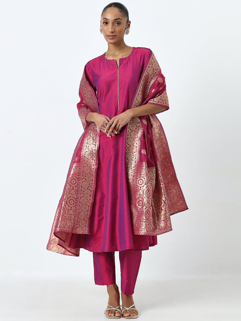 Vark Wine A-Line Kurta, Ethnic Pants and Dupatta Set