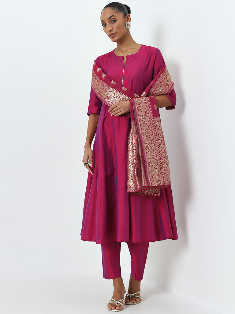 Vark Wine A-Line Kurta, Ethnic Pants and Dupatta Set