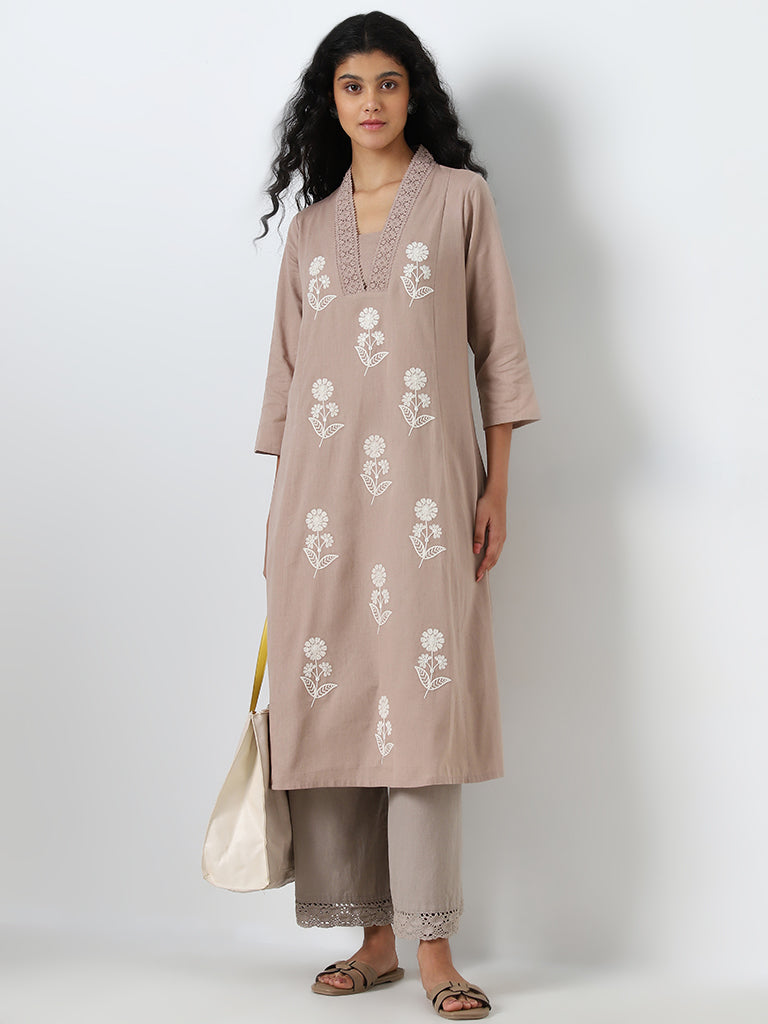 Utsa Dark Beige Embroidered A-Line Cotton Blend Kurta