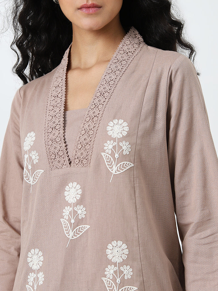 Utsa Dark Beige Embroidered A-Line Cotton Blend Kurta