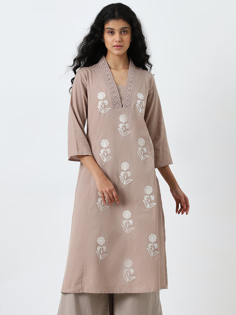 Utsa Dark Beige Embroidered A-Line Cotton Blend Kurta