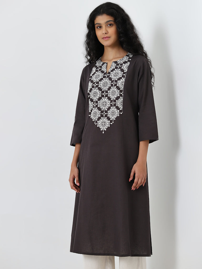 Utsa Charcoal Embroidered Cotton Blend A-Line Kurta