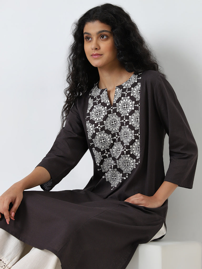 Utsa Charcoal Embroidered Cotton Blend A-Line Kurta