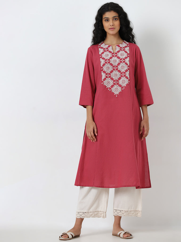 Utsa Crimson Pink Embroidered Cotton Blend A-Line Kurta