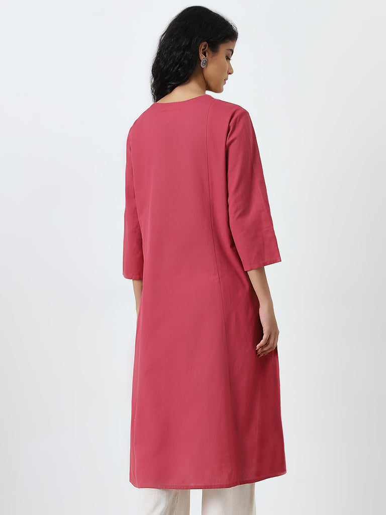 Utsa Crimson Pink Embroidered Cotton Blend A-Line Kurta