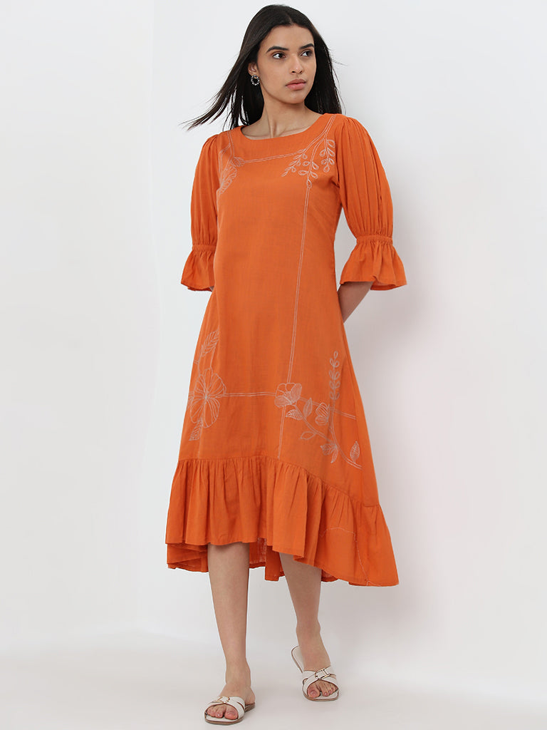 Utsa Orange Floral Embroidered A-Line Cotton Dress