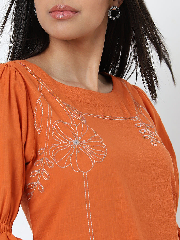 Utsa Orange Floral Embroidered A-Line Cotton Dress