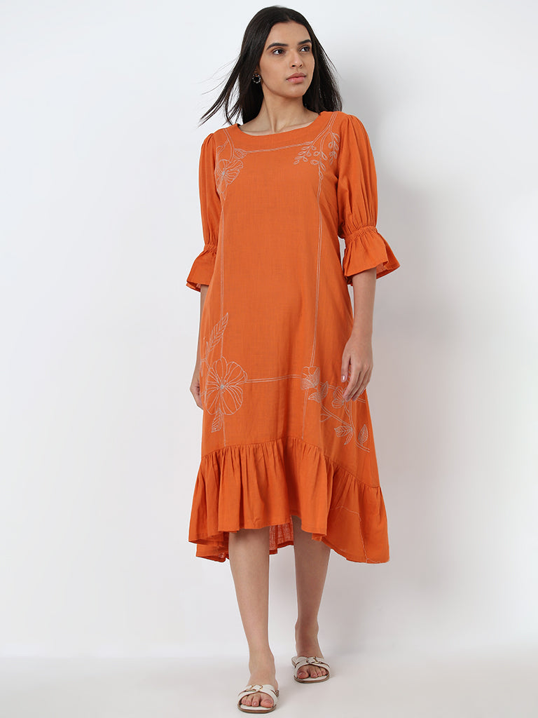 Utsa Orange Floral Embroidered A-Line Cotton Dress