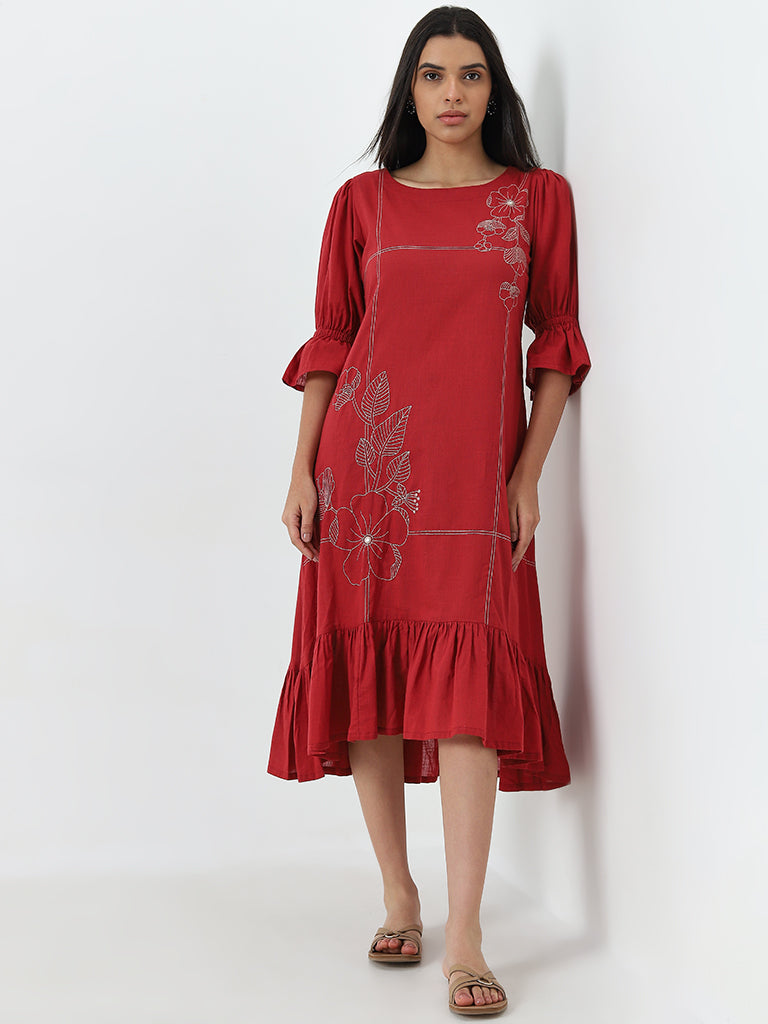 Utsa Red Floral Embroidered A-Line Cotton Dress