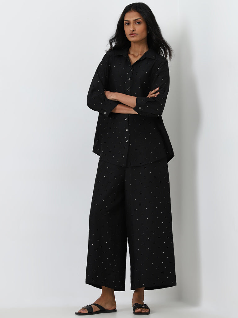 Utsa Black Polka Dot Design High-Rise Palazzos