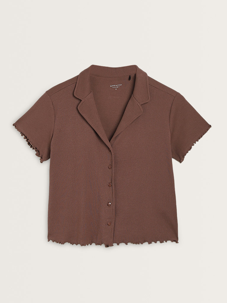 Superstar Dark Brown Knit-Textured Cotton Blend Shirt