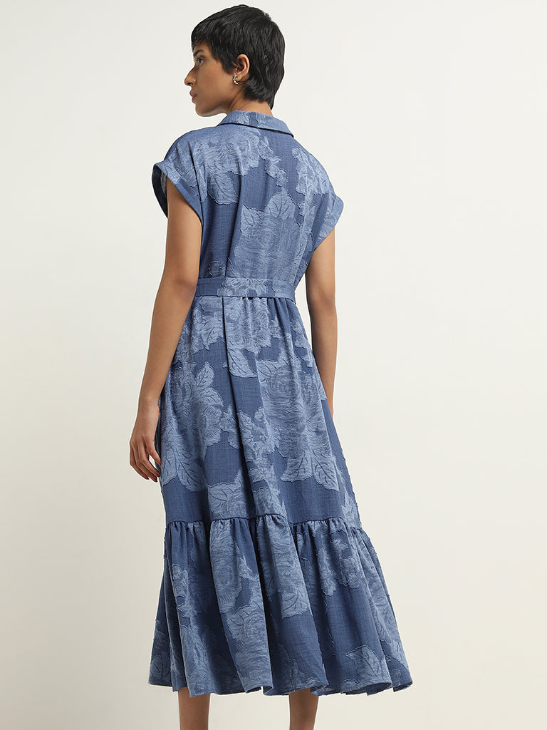 LOV Blue Leaf Printed Tiered Shirt Dress with Belt