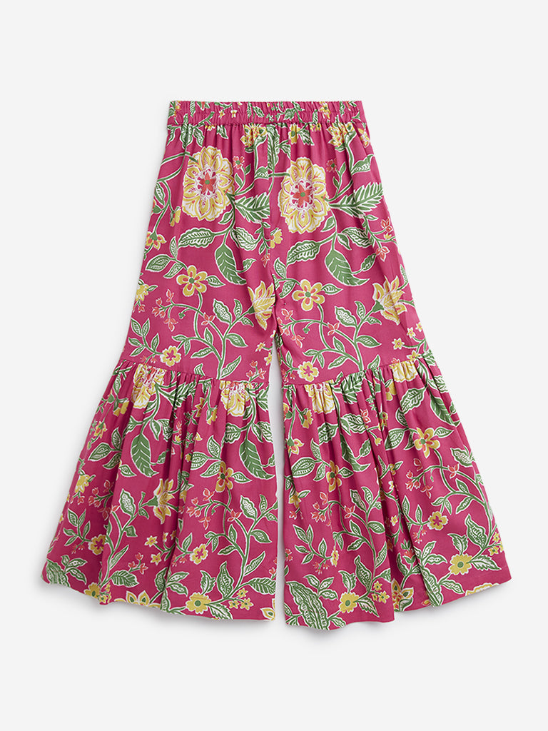 Utsa Kids Dark Pink Floral Printed High-Rise Gharara - (2 -8yrs)