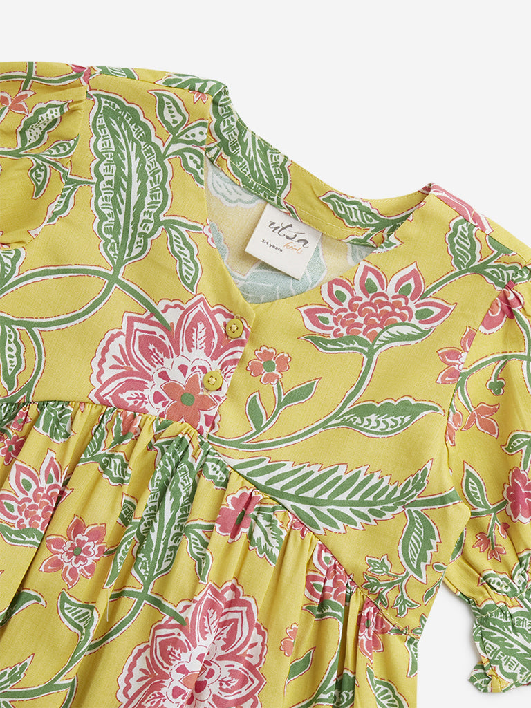 Utsa Kids Yellow Floral Printed Peplum Ethnic Top - (2 -8yrs)