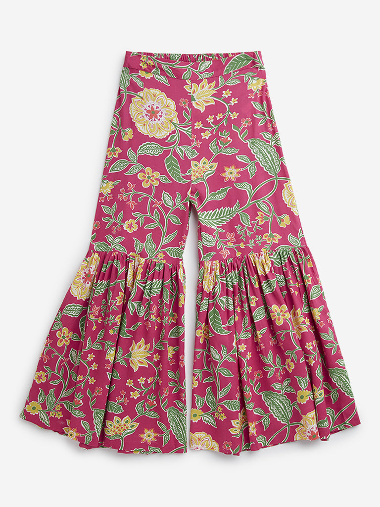 Utsa Kids Dark Pink Floral Printed High-Rise Gharara - (8 -14yrs)