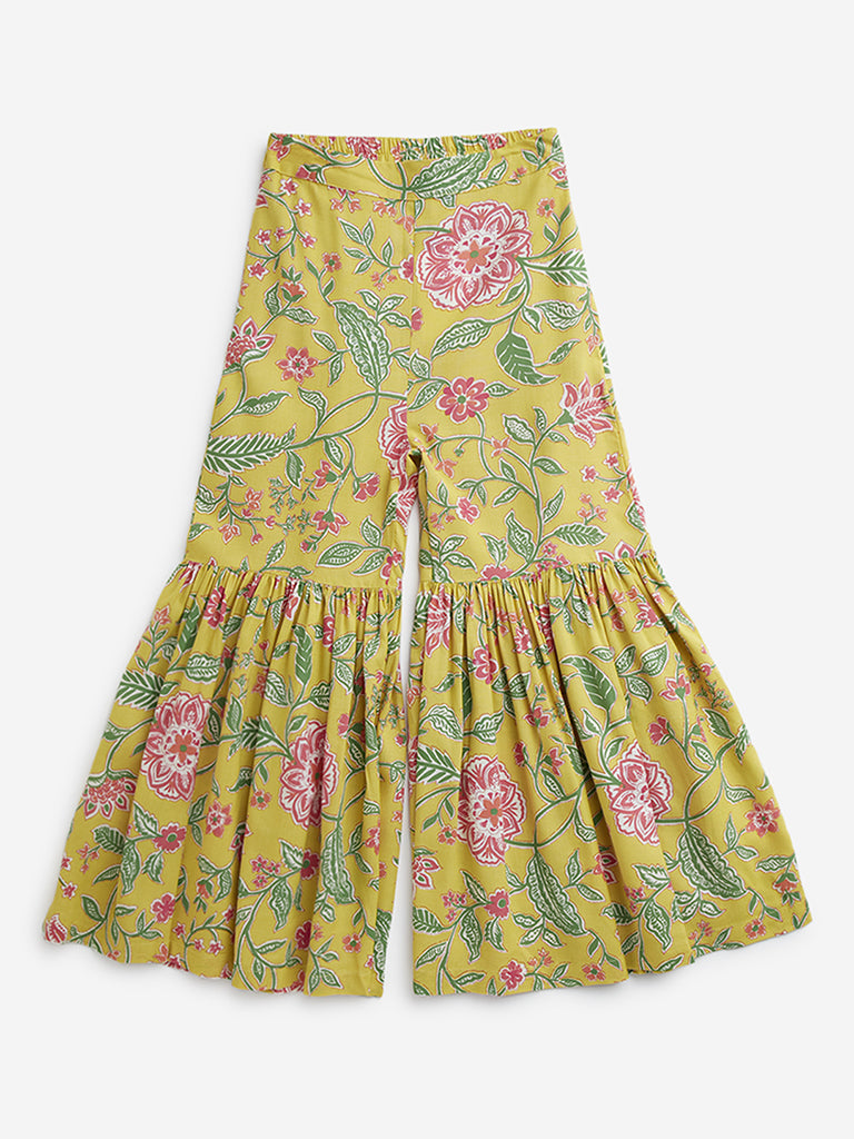 Utsa Kids Yellow Floral Design High-Rise Gharara - (8 -14yrs)