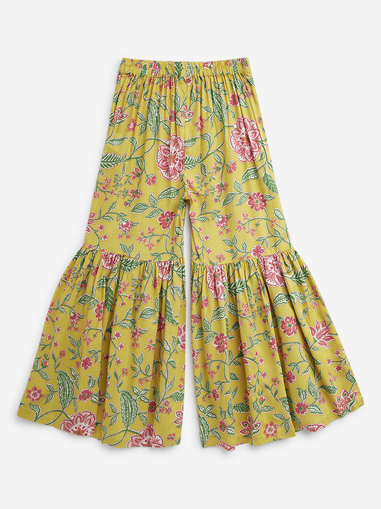 Utsa Kids Yellow Floral Design High-Rise Gharara - (8 -14yrs)