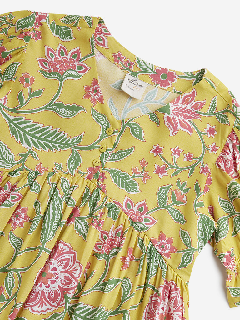 Utsa Kids Yellow Floral Printed Peplum Ethnic Top - (8 -14yrs)