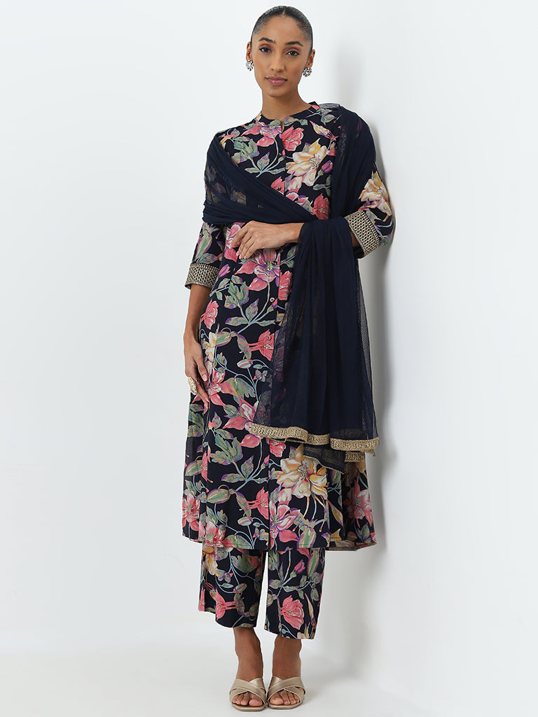 Vark Navy Floral A-Line Kurta, Palazzos and Dupatta Set