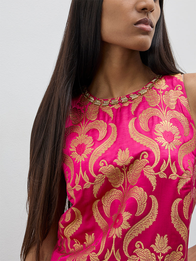 Vark Pink Floral Embroidered A-Line Dress