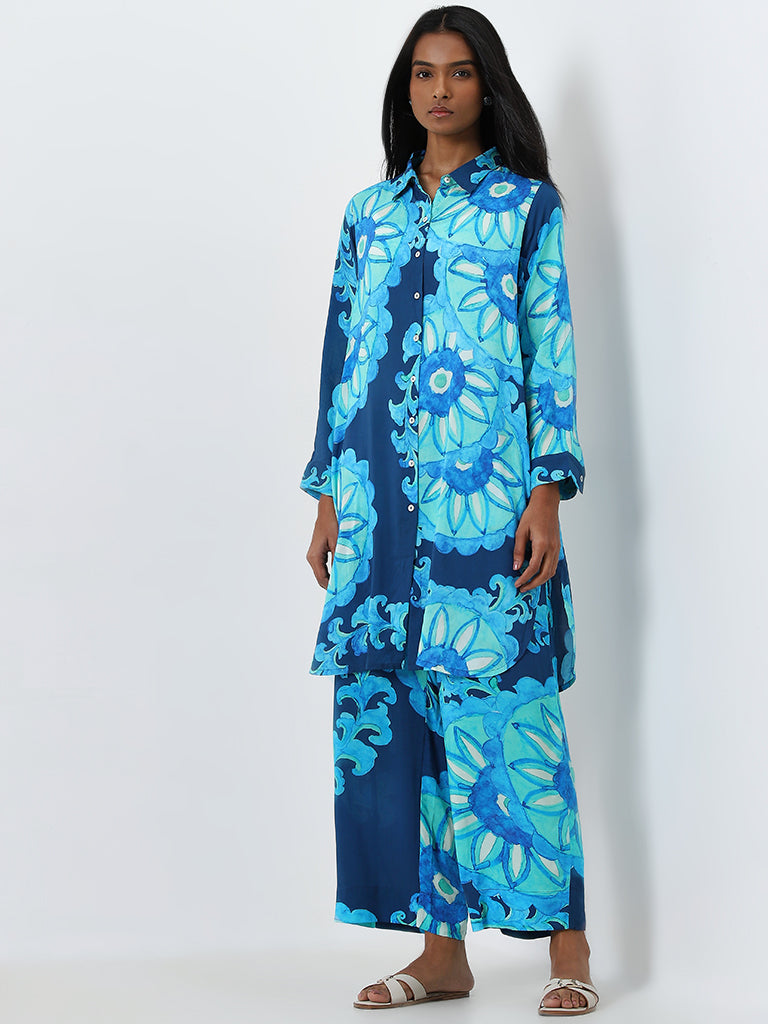 Utsa Blue Floral Design A-Line Kurta