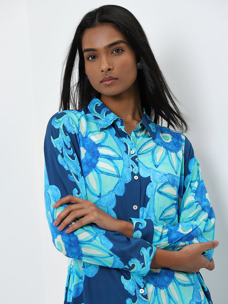 Utsa Blue Floral Design A-Line Kurta