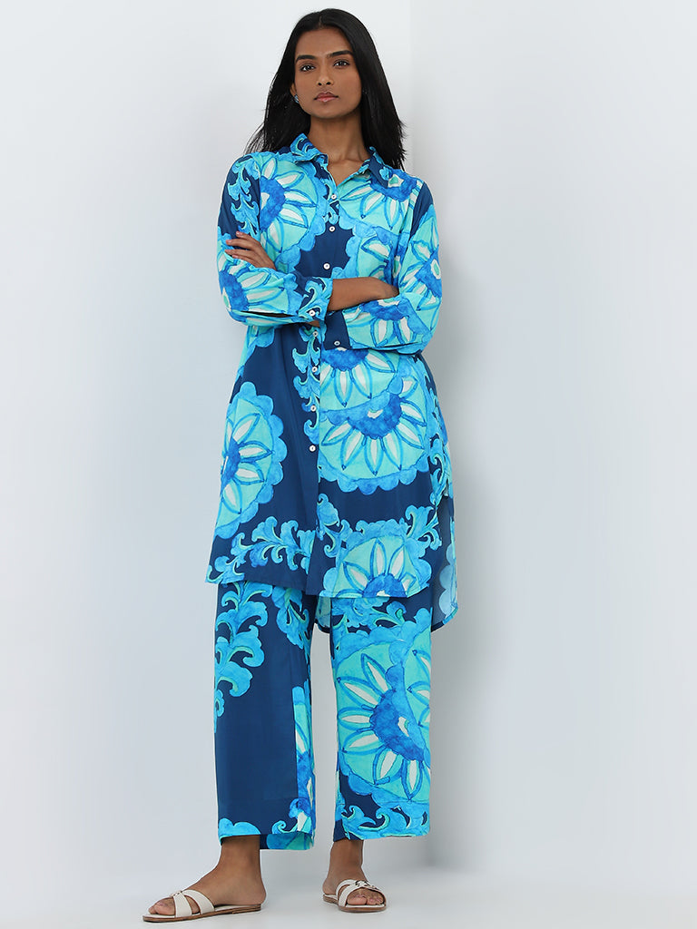 Utsa Blue Floral Design A-Line Kurta