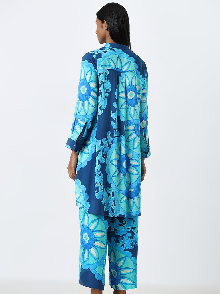 Utsa Blue Floral Design A-Line Kurta