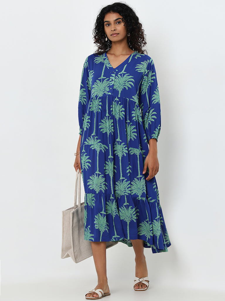 Utsa Blue Foliage Printed Tiered Dress