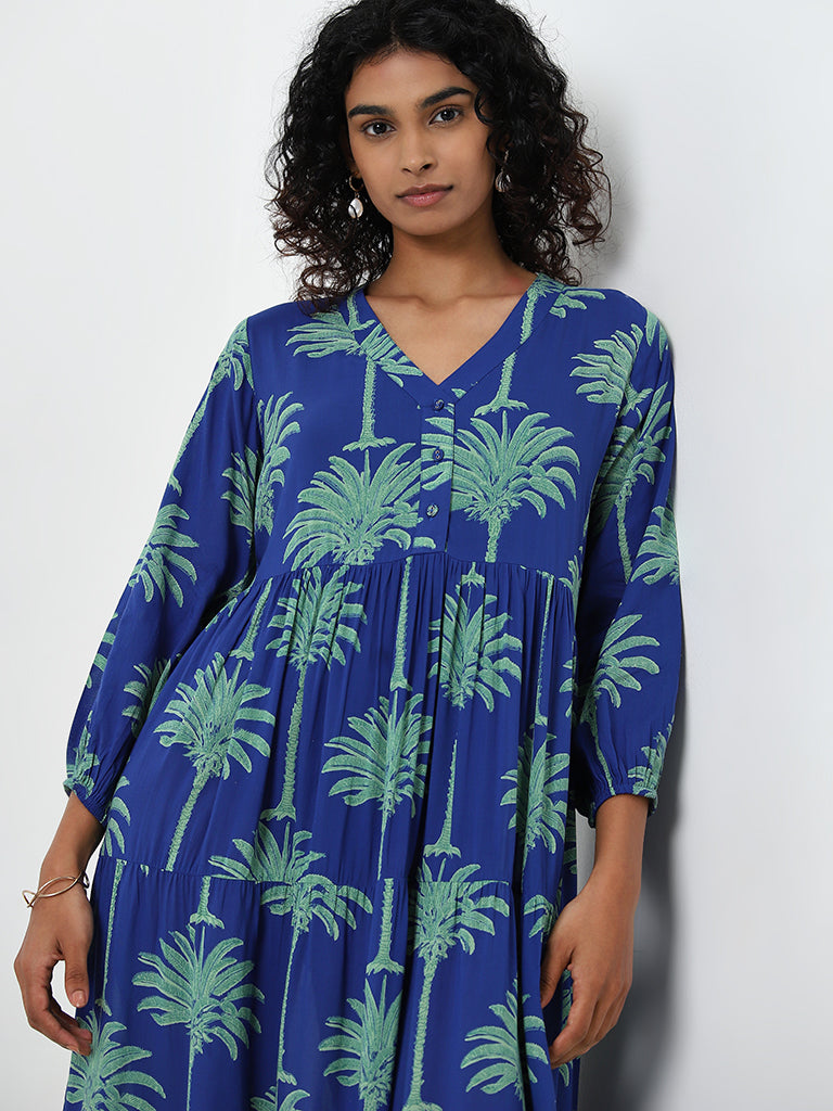 Utsa Blue Foliage Printed Tiered Dress